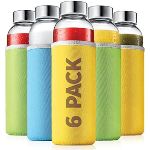 glass bottles 6 Pack 18oz - Includes 6 Sleeves (COLORS MAY VARY) - glass drinking bottles for Beverage and Juice - water bottle glass with stainless Steel Caps with - Leak-Proof Lid