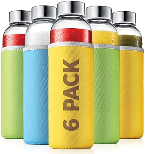 glass bottles 6 Pack 18oz - Includes 6 Sleeves (COLORS MAY VARY) - glass drinking bottles for Beverage and Juice - water bottle glass with stainless Steel Caps with - Leak-Proof Lid