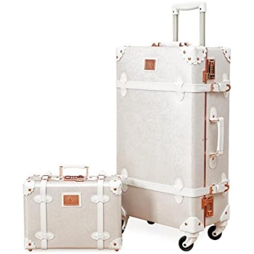 urecity vintage suitcase set for women, vintage luggage sets for women 2 piece, cute designer trunk luggage, retro suit case (Rose White, 24"+12")