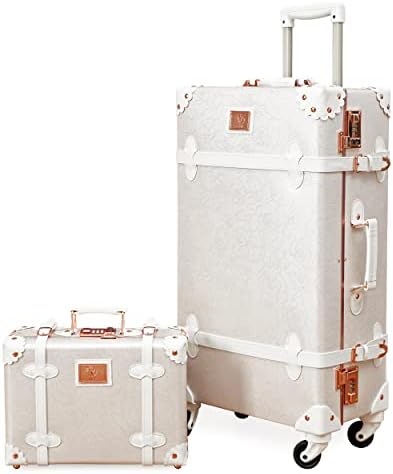 urecity vintage suitcase set for women, vintage luggage sets for women 2 piece, cute designer trunk luggage, retro suit case (Rose White, 24"+12")