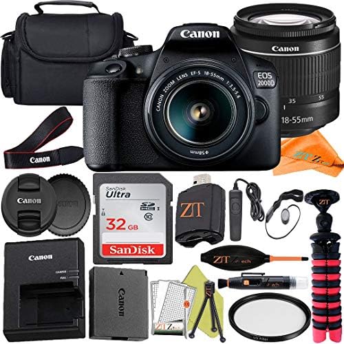 Canon EOS 2000D (Rebel T7) Digital SLR Camera 24.1MP Sensor with 18-55mm Lens + ZeeTech Accessory Bundle, SanDisk 32GB Memory Card, Case and Tripod. (Renewed)