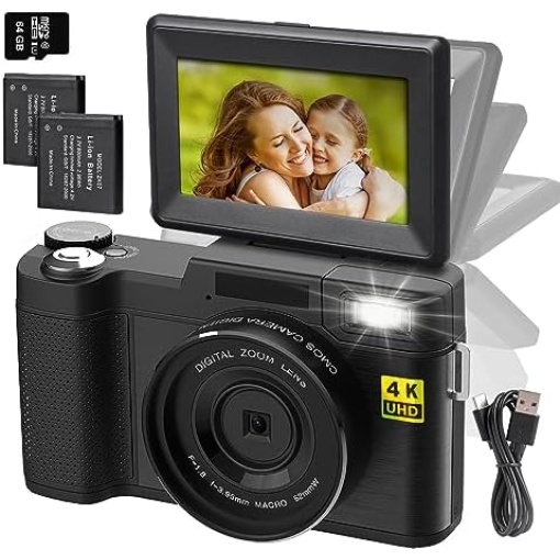 Kmnuiey Camera, 4K Digital Camera for Photography with 3'' 180°Flip Screen, Autofocus 48MP Video Cameras for YouTube with 16X Digital Zoom, 2 Batteries and Charging Cable for Travel