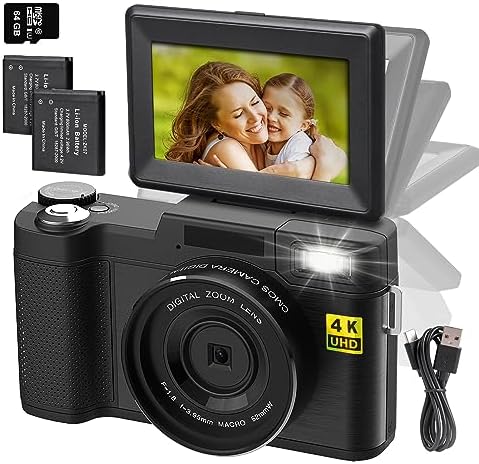 Kmnuiey Camera, 4K Digital Camera for Photography with 3'' 180°Flip Screen, Autofocus 48MP Video Cameras for YouTube with 16X Digital Zoom, 2 Batteries and Charging Cable for Travel