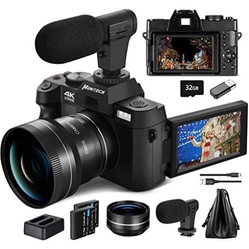 Mo Digital Cameras for Photography & 4K Video, 48 MP Vlogging Camera for YouTube with 180° Flip Screen,16X Digital Zoom,Flash & Autofocus,52mm Wide Angle & Macro Lens,2 Batteries,32GB SD Card