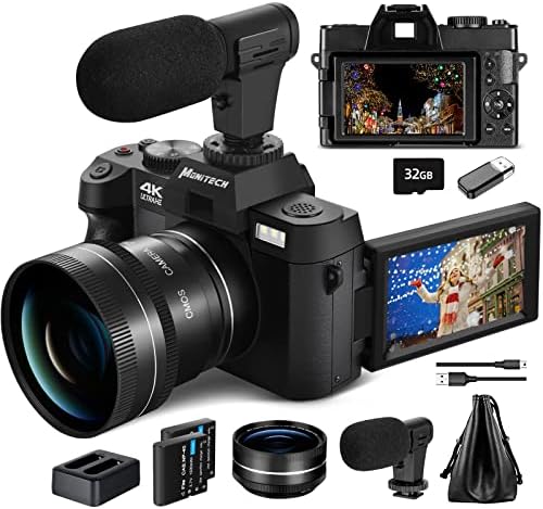 Mo Digital Cameras for Photography & 4K Video, 48 MP Vlogging Camera for YouTube with 180° Flip Screen,16X Digital Zoom,Flash & Autofocus,52mm Wide Angle & Macro Lens,2 Batteries,32GB SD Card