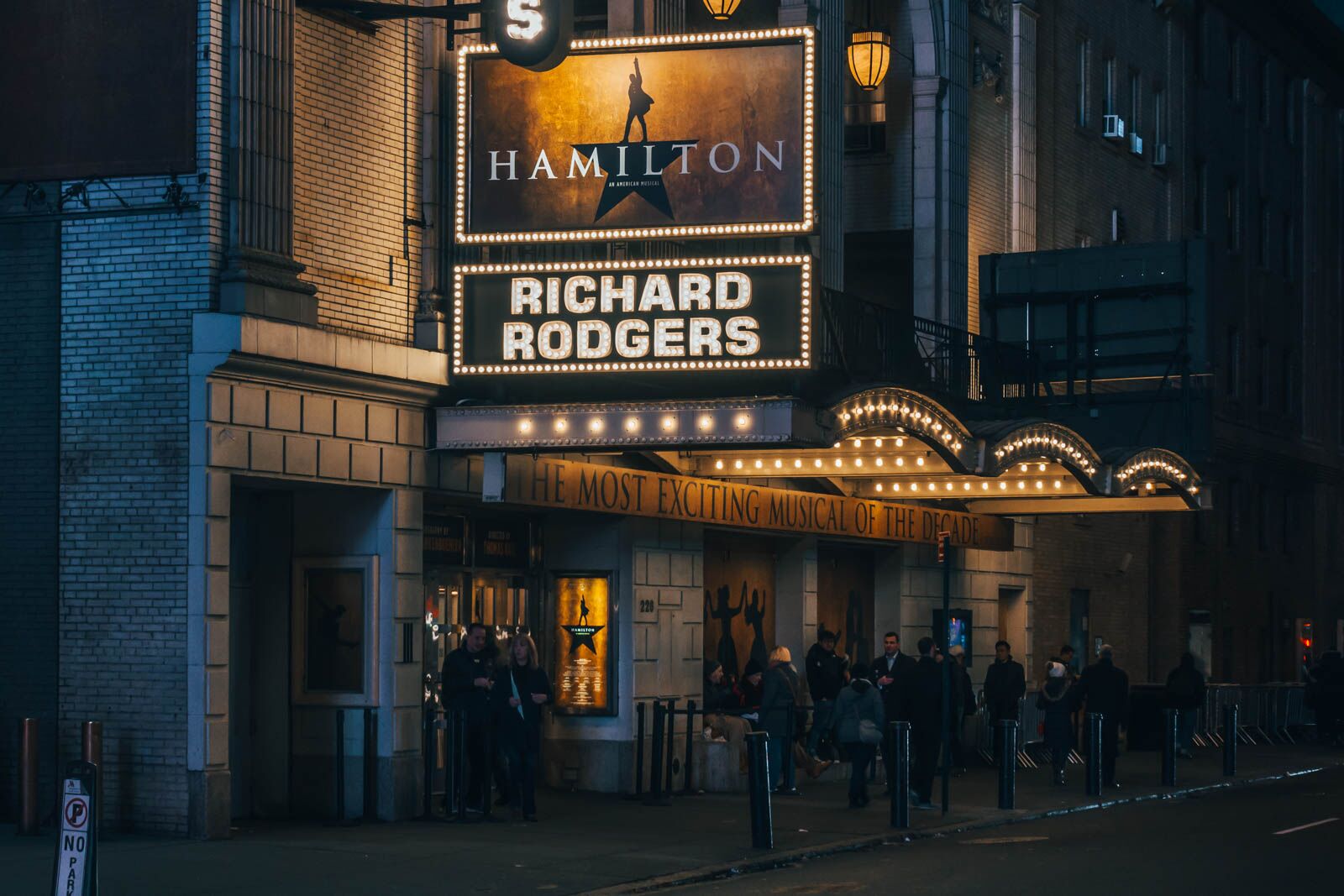 An off Broadway show in NYC at night.